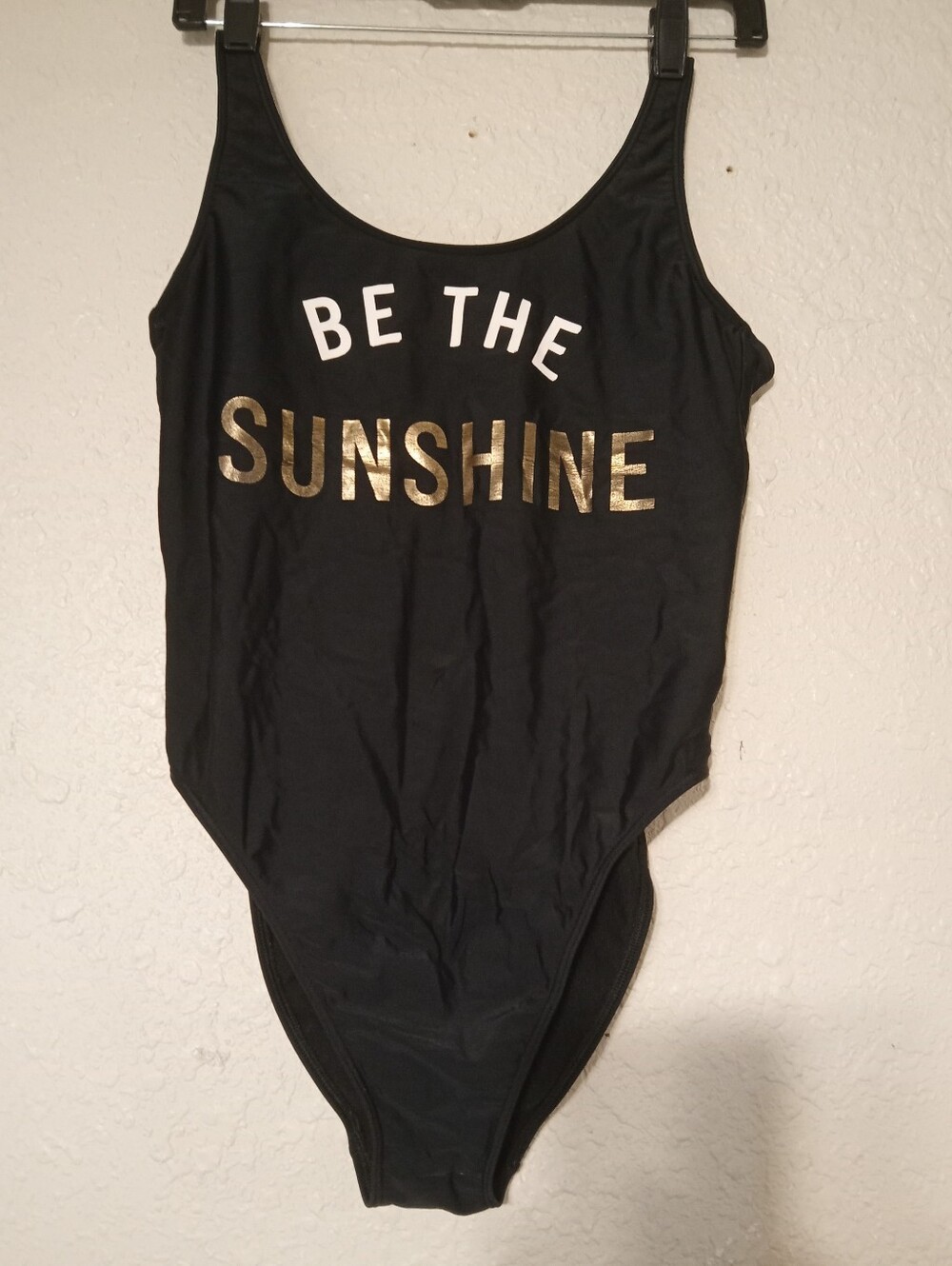 Hollister Black One-Piece Swimsuit with Gold and White 'Be The Sunshine' Print